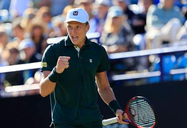 27th June 2025; Devonshire Park, Eastbourne, East Sussex, England; Lexus International Eastbourne, Day 5; Jensen Brooksby (USA) celebrates in the mens semi-finals match against Ugo Humbert (FRA)  ActionPlus12805997 HongboxChen