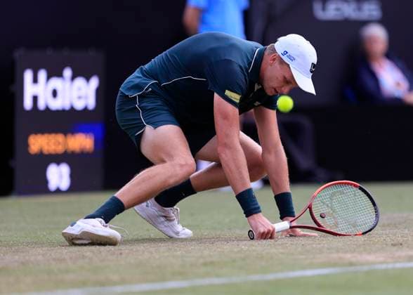 27th June 2025; Devonshire Park, Eastbourne, East Sussex, England; Lexus International Eastbourne, Day 5; Jensen Brooksby (USA) slips in the mens semi-finals match against Ugo Humbert (FRA) in the mens semi-finals match  ActionPlus12806000 HongboxChen