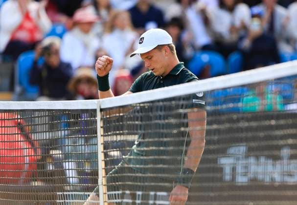 27th June 2025; Devonshire Park, Eastbourne, East Sussex, England; Lexus International Eastbourne, Day 5; Jensen Brooksby (USA) celebrates his win over Ugo Humbert (FRA) in the mens semi-finals match  ActionPlus12806008 HongboxChen