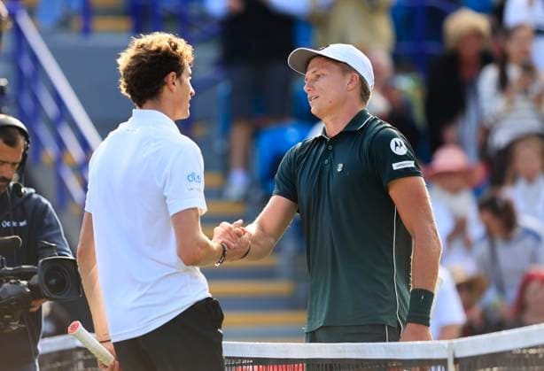 27th June 2025; Devonshire Park, Eastbourne, East Sussex, England; Lexus International Eastbourne, Day 5; Jensen Brooksby (USA) shakes hands with Ugo Humbert (FRA) after the mens semi-finals match  ActionPlus12806009 HongboxChen