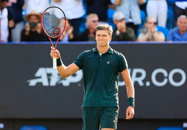 27th June 2025; Devonshire Park, Eastbourne, East Sussex, England; Lexus International Eastbourne, Day 5; Jensen Brooksby (USA) celebrates his win over Ugo Humbert (FRA) in the mens semi-finals match  ActionPlus12806010 HongboxChen