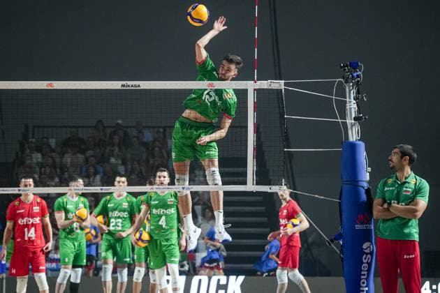 Volleyball, Nations League, Bulgarien - Slowenien Volleyball - FIVB Men s Volleyball Nations League - Bugaria - Slovenia - 27.06.2025 Georgi Tatarov warms-up before the match agiain Slovenia during Mens Volleyball Nations League in Burgas, VNL Bulgaria Copyright: xYulianxTodorovx