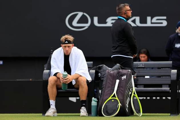 27th June 2025; Devonshire Park, Eastbourne, East Sussex, England; Lexus International Eastbourne, Day 5; Alejandro Davidovich Fokina (ESP) takes a break in the mens singles semi-final match against Taylor Fritz (USA)  ActionPlus12806109 HongboxChen