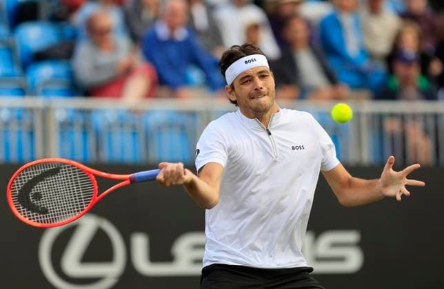 27th June 2025; Devonshire Park, Eastbourne, East Sussex, England; Lexus International Eastbourne, Day 5; Taylor Fritz (USA) plays a forehand shot against Alejandro Davidovich Fokina (ESP) in the mens singles semi-final match  ActionPlus12806111 HongboxChen