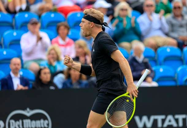 27th June 2025; Devonshire Park, Eastbourne, East Sussex, England; Lexus International Eastbourne, Day 5; Alejandro Davidovich Fokina (ESP) celebrates a point in the mens singles semi-final match against Taylor Fritz (USA)  ActionPlus12806115 HongboxChen