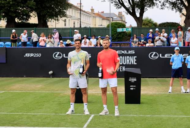 27th June 2025; Devonshire Park, Eastbourne, East Sussex, England; Lexus International Eastbourne, Day 5; Julian Cash (GBR) and Lloyd Glasspool (GBR) with their Mens Doubles Final trophies  ActionPlus12806099 HongboxChen