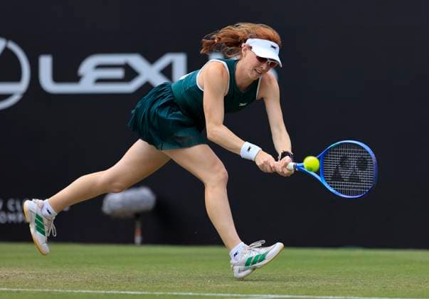 27th June 2025; Devonshire Park, Eastbourne, East Sussex, England; Lexus International Eastbourne, Day 5; Maya joint (AUS) plays a backhand shot against Anastasia Pavlyuchenkova in the womens singles semi-final match  ActionPlus12806103 HongboxChen