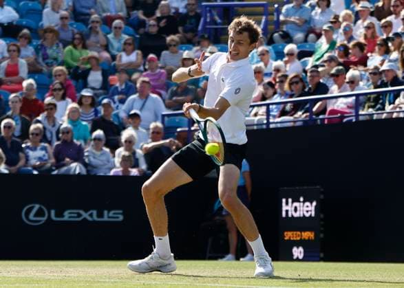 27th June 2025; Devonshire Park, Eastbourne, East Sussex, England; Lexus International Eastbourne, Day 5; Ugo Humbert (FRA) plays a forehand shot against Jensen Brooksby (USA) in the mens semi-finals match  ActionPlus12806119 HongboxChen
