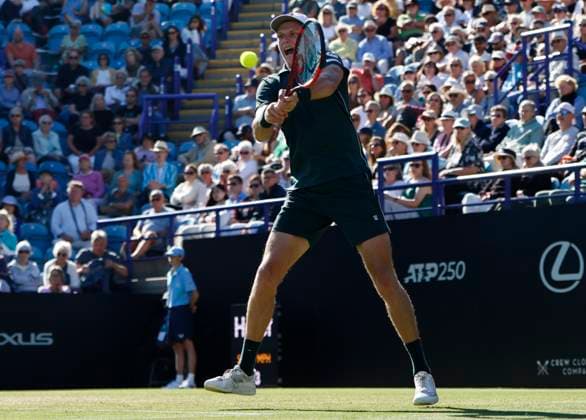 27th June 2025; Devonshire Park, Eastbourne, East Sussex, England; Lexus International Eastbourne, Day 5; Jensen Brooksby (USA) plays a backhand shot against Ugo Humbert (FRA) in the mens singles semi-final match  ActionPlus12806121 HongboxChen