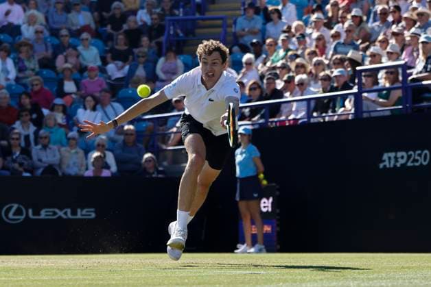 27th June 2025; Devonshire Park, Eastbourne, East Sussex, England; Lexus International Eastbourne, Day 5; Ugo Humbert (FRA) plays a forehand shot against Jensen Brooksby (USA) in the mens semi-finals match  ActionPlus12806125 HongboxChen