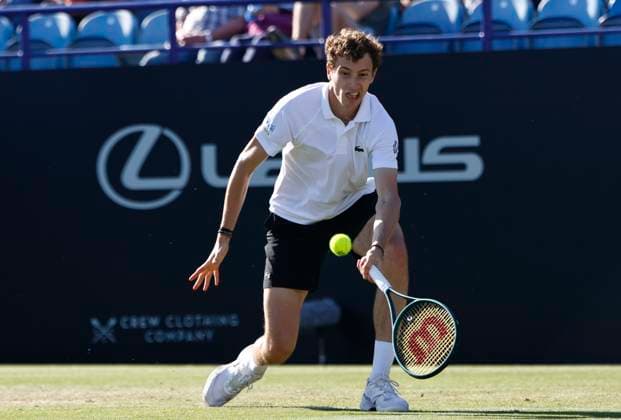 27th June 2025; Devonshire Park, Eastbourne, East Sussex, England; Lexus International Eastbourne, Day 5; Ugo Humbert (FRA) plays a forehand shot against Jensen Brooksby (USA) in the mens semi-finals match  ActionPlus12806127 HongboxChen