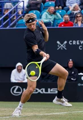 27th June 2025; Devonshire Park, Eastbourne, East Sussex, England; Lexus International Eastbourne, Day 5; Alejandro Davidovich Fokina (ESP) plays a forehand shot gainst Taylor Fritz (USA) in the mens singles semi-final match  ActionPlus12806130 HongboxChen