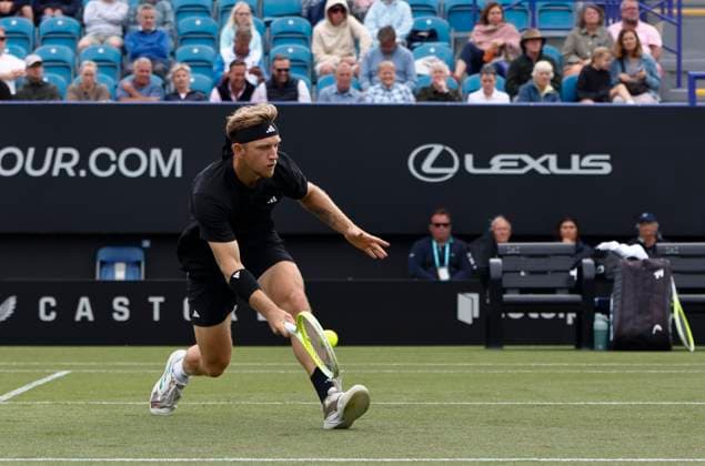27th June 2025; Devonshire Park, Eastbourne, East Sussex, England; Lexus International Eastbourne, Day 5; Alejandro Davidovich Fokina (ESP) plays a forehand shot gainst Taylor Fritz (USA) in the mens singles semi-final match  ActionPlus12806131 HongboxChen