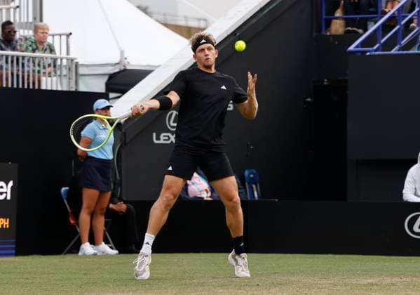 27th June 2025; Devonshire Park, Eastbourne, East Sussex, England; Lexus International Eastbourne, Day 5; Alejandro Davidovich Fokina (ESP) plays a forehand shot gainst Taylor Fritz (USA) in the mens singles semi-final match  ActionPlus12806132 HongboxChen