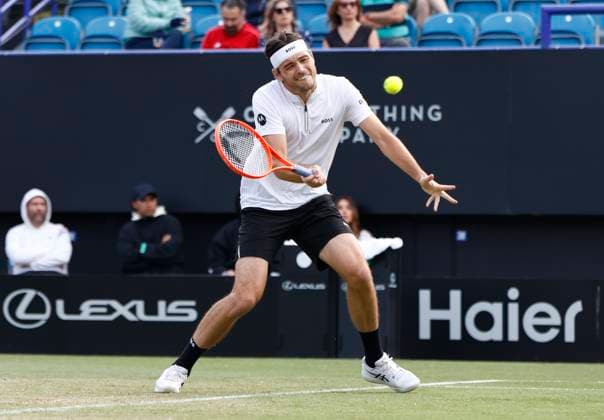 27th June 2025; Devonshire Park, Eastbourne, East Sussex, England; Lexus International Eastbourne, Day 5; Taylor Fritz (USA) plays a forehand shot against Alejandro Davidovich Fokina (ESP) in the mens singles semi-final match  ActionPlus12806134 HongboxChen