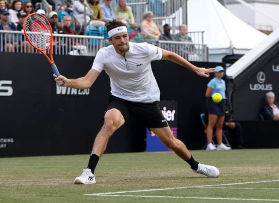 27th June 2025; Devonshire Park, Eastbourne, East Sussex, England; Lexus International Eastbourne, Day 5; Taylor Fritz (USA) plays a forehand shot against Alejandro Davidovich Fokina (ESP) in the mens singles semi-final match  ActionPlus12806135 HongboxChen