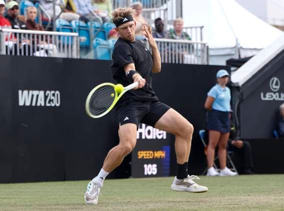 27th June 2025; Devonshire Park, Eastbourne, East Sussex, England; Lexus International Eastbourne, Day 5; Alejandro Davidovich Fokina (ESP) plays a forehand shot gainst Taylor Fritz (USA) in the mens singles semi-final match  ActionPlus12806136 HongboxChen