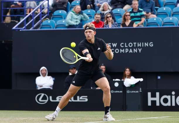 27th June 2025; Devonshire Park, Eastbourne, East Sussex, England; Lexus International Eastbourne, Day 5; Alejandro Davidovich Fokina (ESP) plays a forehand shot gainst Taylor Fritz (USA) in the mens singles semi-final match  ActionPlus12806137 HongboxChen