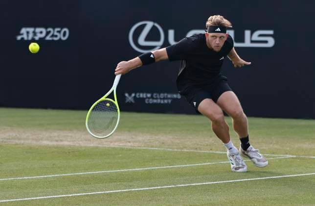 27th June 2025; Devonshire Park, Eastbourne, East Sussex, England; Lexus International Eastbourne, Day 5; Alejandro Davidovich Fokina (ESP) plays a backhand shot gainst Taylor Fritz (USA) in the mens singles semi-final match  ActionPlus12806139 HongboxChen