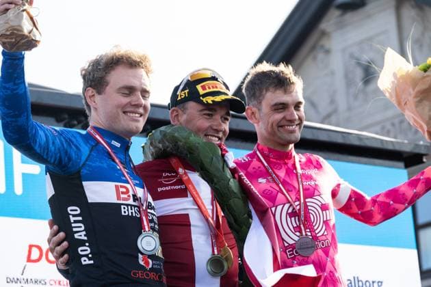 June 27, 2025, Aalborg, The North Jutland Region, Denmark: (L-R) Silver medalist Niklas Larsen of BHS-PL Beton Bornholm, gold medalist Mads Pedersen of Team Lidl-Trek and bronze medalist Kasper Asgreen of Team EF Education - EasyPost pose on the podium during the medal ceremony after the Men s Elite Individual Time Trial at the Danish Championships. When DM Week returns to Aalborg from 23-29 June 2025, there will be more sports than ever before, new disciplines on the program and an entire city in motion. During an intense week, some of Denmark s most talented athletes will compete for DM gold in over 120 disciplines - from classics like cycling and swimming to high diving from the Limfjord Bridge, dance, speedway and 3x3 basketball. This will be the fourth time DM Week has been held, and the third time Aalborg has hosted it. Aalborg Denmark - ZUMAs197 20250627_aaa_s197_117 Copyright: xKristianxTuxenxLadegaardxBergx