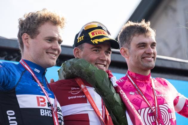 June 27, 2025, Aalborg, The North Jutland Region, Denmark: (L-R) Silver medalist Niklas Larsen of BHS-PL Beton Bornholm, gold medalist Mads Pedersen of Team Lidl-Trek and bronze medalist Kasper Asgreen of Team EF Education - EasyPost pose on the podium during the medal ceremony after the Men s Elite Individual Time Trial at the Danish Championships. When DM Week returns to Aalborg from 23-29 June 2025, there will be more sports than ever before, new disciplines on the program and an entire city in motion. During an intense week, some of Denmark s most talented athletes will compete for DM gold in over 120 disciplines - from classics like cycling and swimming to high diving from the Limfjord Bridge, dance, speedway and 3x3 basketball. This will be the fourth time DM Week has been held, and the third time Aalborg has hosted it. Aalborg Denmark - ZUMAs197 20250627_aaa_s197_126 Copyright: xKristianxTuxenxLadegaardxBergx
