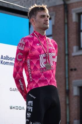 June 27, 2025, Aalborg, The North Jutland Region, Denmark: Kasper Asgreen of Team EF Education - EasyPost is seen on the podium during the medal ceremony after the Men s Elite Individual Time Trial at the Danish Championships. When DM Week returns to Aalborg from 23-29 June 2025, there will be more sports than ever before, new disciplines on the program and an entire city in motion. During an intense week, some of Denmark s most talented athletes will compete for DM gold in over 120 disciplines - from classics like cycling and swimming to high diving from the Limfjord Bridge, dance, speedway and 3x3 basketball. This will be the fourth time DM Week has been held, and the third time Aalborg has hosted it. Aalborg Denmark - ZUMAs197 20250627_aaa_s197_131 Copyright: xKristianxTuxenxLadegaardxBergx