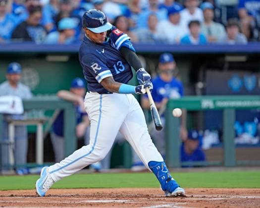 June 27, 2025: Kansas City Royals 1st baseman Salvador Perez (13) hits an RBI double in the first inningagainst the Dodgers at Kauffman Stadium Kansas City, Missouri. CSM. Kansas City United States - ZUMAc04_ 20250627_zma_c04_002 Copyright: xJonxRobichaudx
