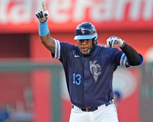 June 27, 2025: Kansas City Royals 1st baseman Salvador Perez (13)celebrates an RBI double against the Dodgers at Kauffman Stadium Kansas City, Missouri. CSM. Kansas City United States - ZUMAc04_ 20250627_zma_c04_006 Copyright: xJonxRobichaudx