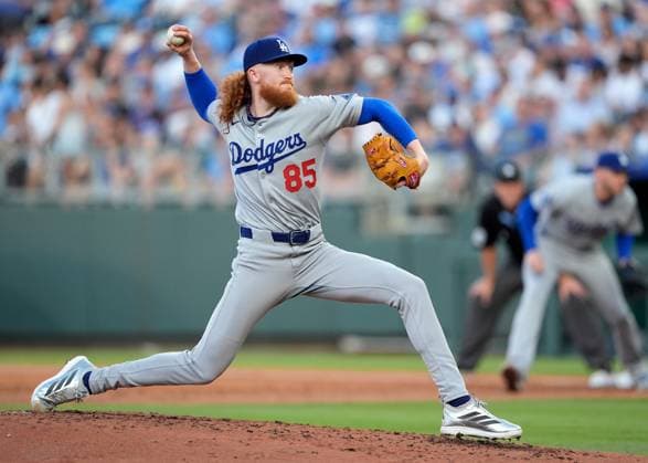June 27, 2025: Los Angeles Dodgers pitcher Michael Kopech (45) delivers a pitch in the first inning against the Royals at Kauffman Stadium Kansas City, Missouri. CSM. Kansas City United States - ZUMAc04_ 20250627_zma_c04_020 Copyright: xJonxRobichaudx