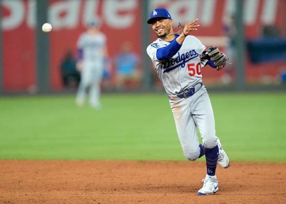June 27, 2025: Los Angeles Dodgers shortstop Mookie Betts (50) makes an infield play for the out in the 6th inning against the Royals at Kauffman Stadium Kansas City, Missouri. CSM. Kansas City United States - ZUMAc04_ 20250627_zma_c04_022 Copyright: xJonxRobichaudx