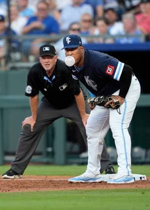 June 27, 2025: Kansas City Royals 1st baseman Salvador Perez (13) has a different way of staying focused as the pitch is delivered against the Dodgers at Kauffman Stadium Kansas City, Missouri. CSM. Kansas City United States - ZUMAc04_ 20250627_zma_c04_026 Copyright: xJonxRobichaudx