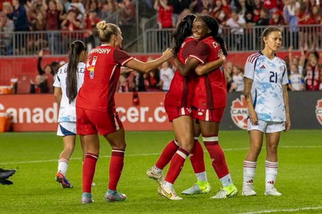 June 27, 2025, Toronto, Ontario, Canada: Zara Chavoshi 29 (C) of Canada celebrates with Anabelle Chukwu 31 (R) and Shelina Zadorsky 4 (L) after scoring a header during an International Friendly, Länderspiel, Nationalmannschaft match at BMO Field on June 27, 2025 in Toronto, Ontario, Canada. The game ended 4-1 for Canada. Toronto Canada - ZUMAm154 20250627_zap_m154_003 Copyright: xAngelxMarchinix