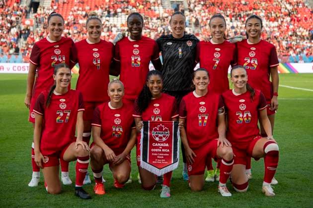 June 27, 2025, Toronto, Ontario, Canada: The starting 11 players for Canada top from left to right Evelyne Viens 24, Shelina Zadorsky 4, Simi Awujo 13, Kailen Sheridan 1, Julia Grosso 7, Zara Chavoshi 29. Bottom from left to right Holly Ward 27, Adriana Leon 19, Ashley Lawrence 10, Jessie Fleming 17, Marie Levasseur 30 pose for a team photo before playing an International Friendly, Länderspiel, Nationalmannschaft match against Costa Rica at BMO Field on June 27, 2025 in Toronto, Ontario, Canada. The game ended 4-1 for Canada. Toronto Canada - ZUMAm154 20250627_zap_m154_018 Copyright: xAngelxMarchinix