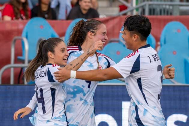 June 27, 2025, Toronto, Ontario, Canada: Maria Paula Salas 9 (C) of Costa Rica celebrates her goal with Priscila Chinchilla 14 (L) and Josselyn BriceoÂ±o 3 (R) during an International Friendly, Länderspiel, Nationalmannschaft match at BMO Field on June 27, 2025 in Toronto, Ontario, Canada. The game ended 4-1 for Canada. Toronto Canada - ZUMAm154 20250627_zap_m154_027 Copyright: xAngelxMarchinix