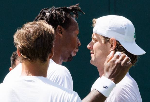 French Gael Monfils and Belgian Zizou Bergs pictured after a training session during the 2025 Wimbledon grand slam tennis tournament at the All England Tennis Club, in south-west London, Britain, Saturday 28 June 2025. BENOITxDOPPAGNE  x127993930x