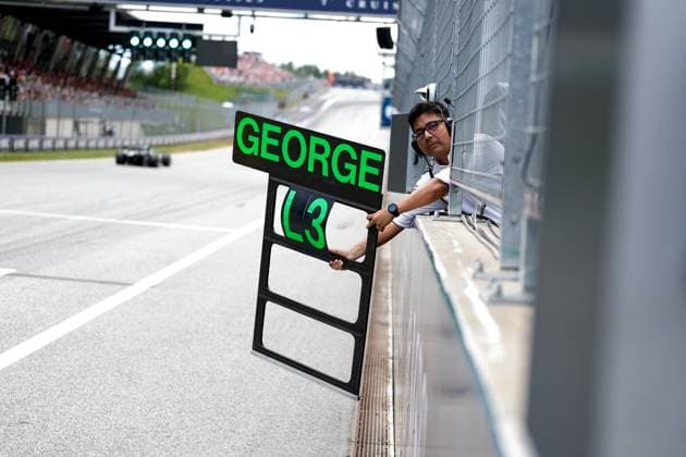 Pitboard for 63 George Russell GBR, Mercedes AMG Petronas F1 Team , F1 Grand Prix of Austria at Red Bull Ring on July 28, 2025 in Spielberg, Austria Photo by HOCH ZWEI Spielberg Austria