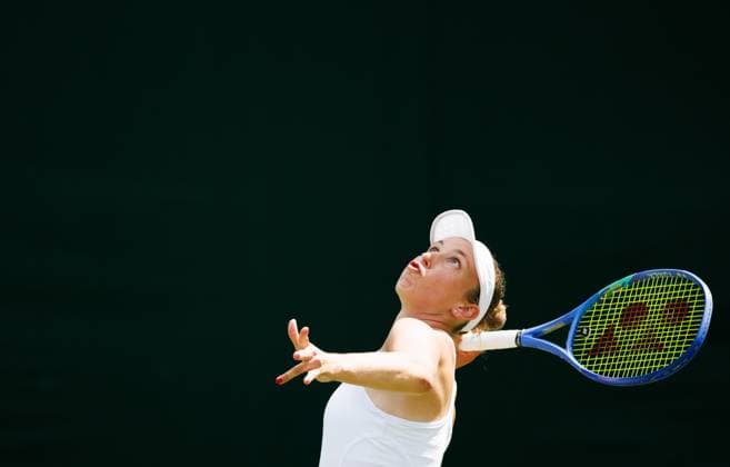 Belgian Elise Mertens pictured in action during a training session at the 2025 Wimbledon grand slam tennis tournament at the All England Tennis Club, in south-west London, Britain, Saturday 28 June 2025. BENOITxDOPPAGNE  x127996065x