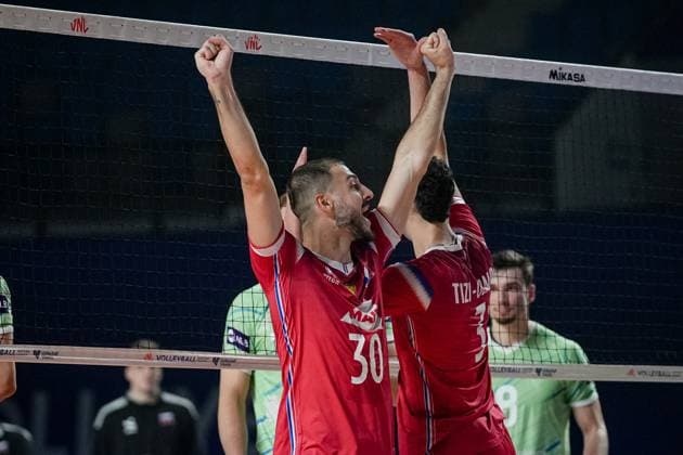 Volleyball - FIVB Men s Volleyball Nations League - Slovenia - France - 28.06.2025 Francois Huetz and Francois Huetz celebrate after winning with 3:0 against Slovenia during Mens Volleyball Nations League in Burgas, VNL Bulgaria Copyright: xYulianxTodorovx