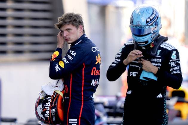 SPIELBERG - Max Verstappen (Red Bull Racing) and George Russell (Mercedes) at the Red Bull Ring race track after qualifying for the Grand Prix of Austria. ANP SANDER KING xVIxANPxSportx xxANPxIVx 530636796 originalFilename: 530636796.jpg