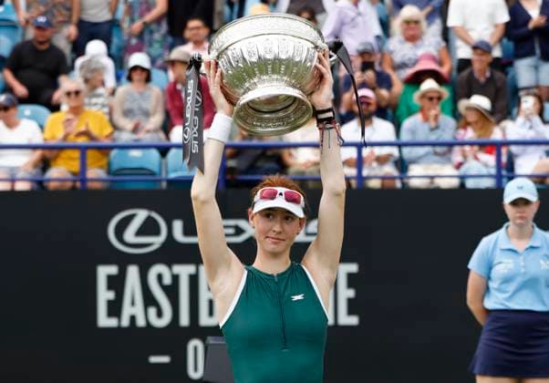 28th June 2025; Devonshire Park, Eastbourne, East Sussex, England; Lexus International Eastbourne, Day 6; Maya Joint (AUS) with the trophy after winning the Lexus International Eastbourne womens singles final match  ActionPlus12806225 HongboxChen