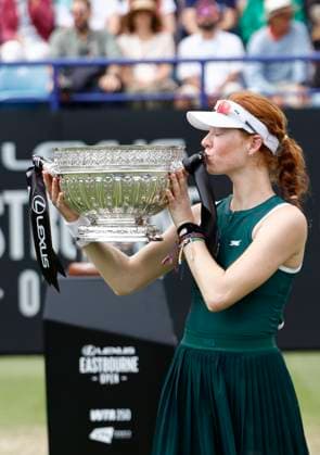 28th June 2025; Devonshire Park, Eastbourne, East Sussex, England; Lexus International Eastbourne, Day 6; Maya Joint (AUS) with the trophy after winning the Lexus International Eastbourne womens singles final match  ActionPlus12806227 HongboxChen