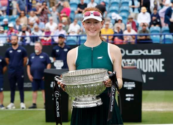 28th June 2025; Devonshire Park, Eastbourne, East Sussex, England; Lexus International Eastbourne, Day 6; Maya Joint (AUS) with the trophy after winning the Lexus International Eastbourne womens singles final match  ActionPlus12806232 HongboxChen