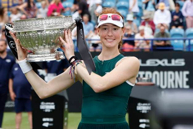 28th June 2025; Devonshire Park, Eastbourne, East Sussex, England; Lexus International Eastbourne, Day 6; Maya Joint (AUS) with the trophy after winning the Lexus International Eastbourne womens singles final match  ActionPlus12806233 HongboxChen