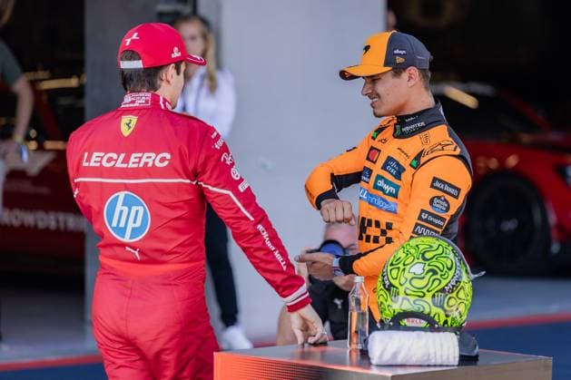 FORMULA 1 - GP of Austria 2025 SPIELBERG,AUSTRIA,28.JUN.25 - MOTORSPORTS, FORMULA 1 - Grand Prix of Austria, Red Bull Ring, practice and qualifying. Image shows Charles Leclerc (MON Ferrari) and Lando Norris (GBR McLaren).  GEPAxpictures xMatthiasxTrinkl