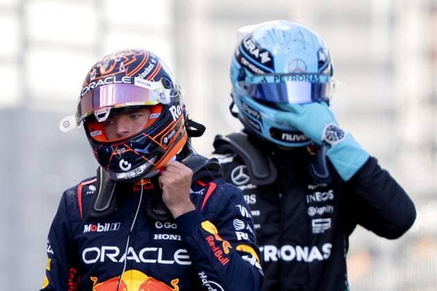 SPIELBERG - Max Verstappen (Red Bull Racing) and George Russell (Mercedes) at the Red Bull Ring race track after qualifying for the Grand Prix of Austria. ANP SANDER KING xVIxANPxSportx xxANPxIVx 530637725 originalFilename: 530637725.jpg