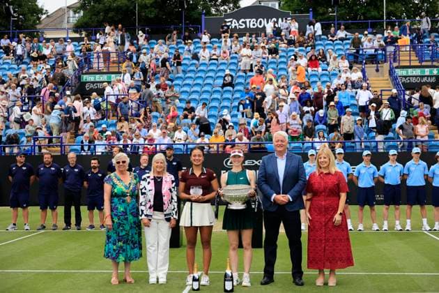 28th June 2025; Devonshire Park, Eastbourne, East Sussex, England; Lexus International Eastbourne, Day 6; Maya Joint (AUS) with the winner& x2019;s trophy and Alexandra Eala (PHI) with runner up trophy after the Lexus International Eastbourne womens singles final match  ActionPlus12806257 HongboxChen