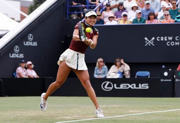 28th June 2025; Devonshire Park, Eastbourne, East Sussex, England; Lexus International Eastbourne, Day 6; Alexandra Eala (PHI) plays a backhand shot against Maya joint (AUS) in the womens singles final match  ActionPlus12806285 HongboxChen