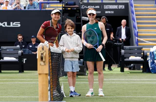 28th June 2025; Devonshire Park, Eastbourne, East Sussex, England; Lexus International Eastbourne, Day 6; Alexandra Eala (PHI) poses photos with Maya joint (AUS) before the womens singles final match  ActionPlus12806264 HongboxChen