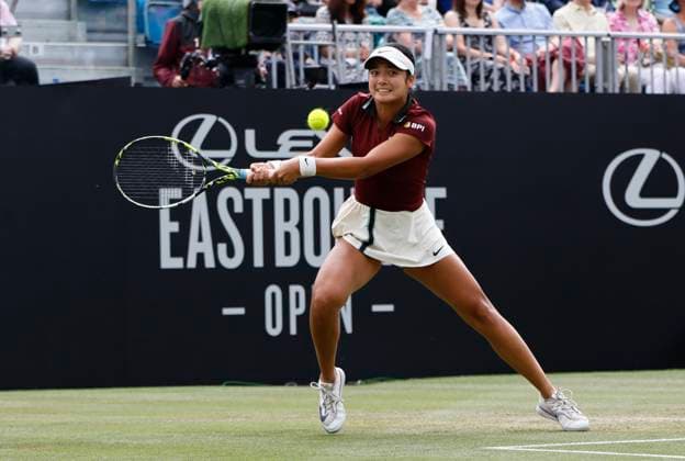 28th June 2025; Devonshire Park, Eastbourne, East Sussex, England; Lexus International Eastbourne, Day 6; Alexandra Eala (PHI) plays a backhand shot against Maya joint (AUS) in the womens singles final match  ActionPlus12806278 HongboxChen