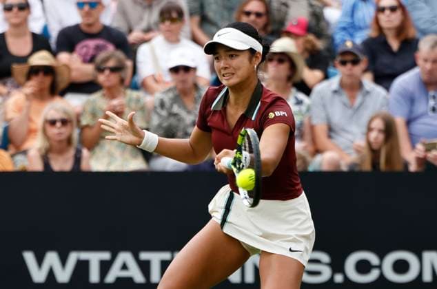 28th June 2025; Devonshire Park, Eastbourne, East Sussex, England; Lexus International Eastbourne, Day 6; Alexandra Eala (PHI) plays a forehand shot against Maya joint (AUS) in the womens singles final match  ActionPlus12806280 HongboxChen